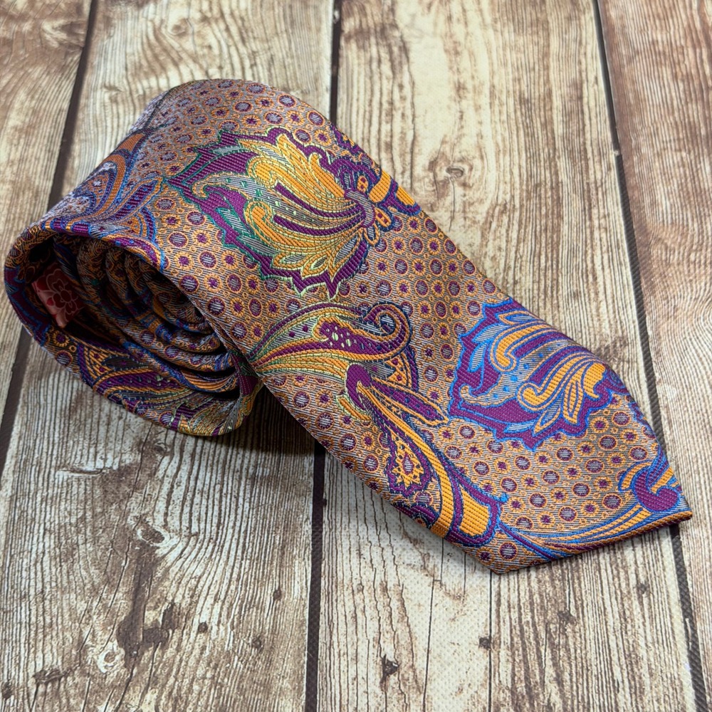 John Sparks Paisley Necktie Mens One Size Orange Purple Silk Floral Lining